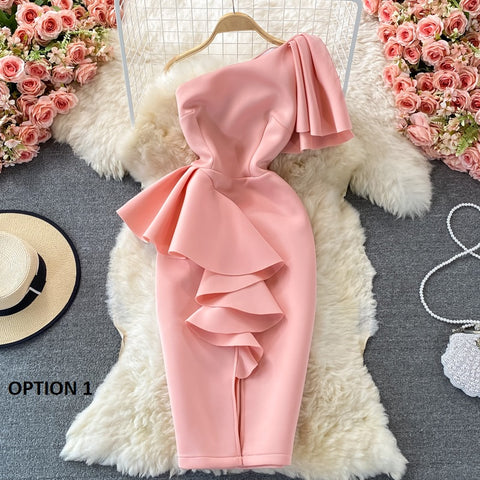 New Casual Sexy  Off Shoulder, Diagonal, High Waist, Irregular Ruffles, Bodycon Party Dress CODE: KAR1190