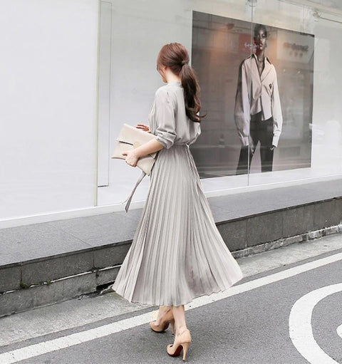 New Collection Stand Collar Elegant Long Sleeve, with Bow Sash, Single Breasted Pleated Long Dress CODE: KAR1195