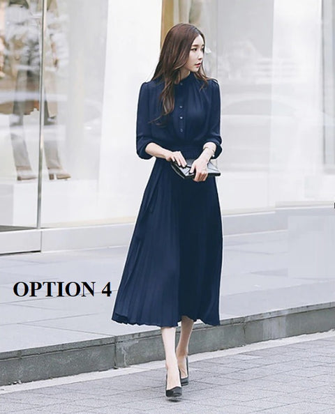 New Collection Stand Collar Elegant Long Sleeve, with Bow Sash, Single Breasted Pleated Long Dress CODE: KAR1195