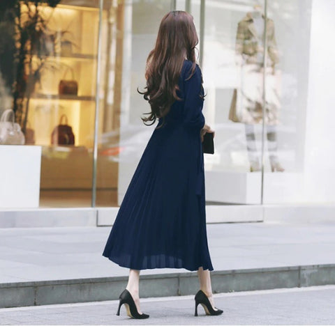 New Collection Stand Collar Elegant Long Sleeve, with Bow Sash, Single Breasted Pleated Long Dress CODE: KAR1195