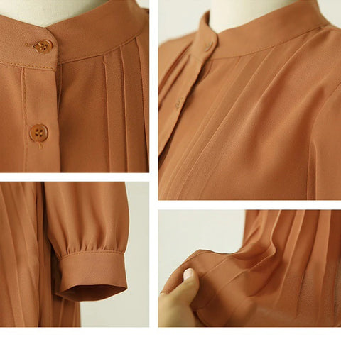 New Collection Stand Collar Elegant Long Sleeve, with Bow Sash, Single Breasted Pleated Long Dress CODE: KAR1195