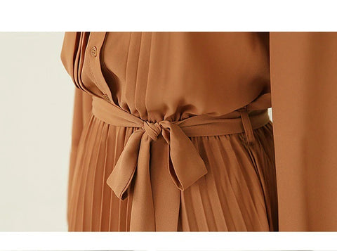 New Collection Stand Collar Elegant Long Sleeve, with Bow Sash, Single Breasted Pleated Long Dress CODE: KAR1195