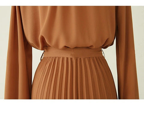 New Collection Stand Collar Elegant Long Sleeve, with Bow Sash, Single Breasted Pleated Long Dress CODE: KAR1195