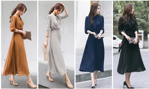 New Collection Stand Collar Elegant Long Sleeve, with Bow Sash, Single Breasted Pleated Long Dress CODE: KAR1195