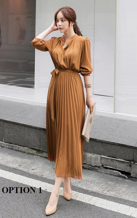 New Collection Stand Collar Elegant Long Sleeve, with Bow Sash, Single Breasted Pleated Long Dress CODE: KAR1195