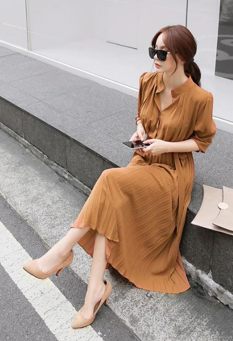 New Collection Stand Collar Elegant Long Sleeve, with Bow Sash, Single Breasted Pleated Long Dress CODE: KAR1195