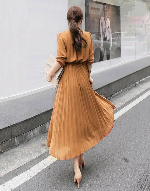 New Collection Stand Collar Elegant Long Sleeve, with Bow Sash, Single Breasted Pleated Long Dress CODE: KAR1195