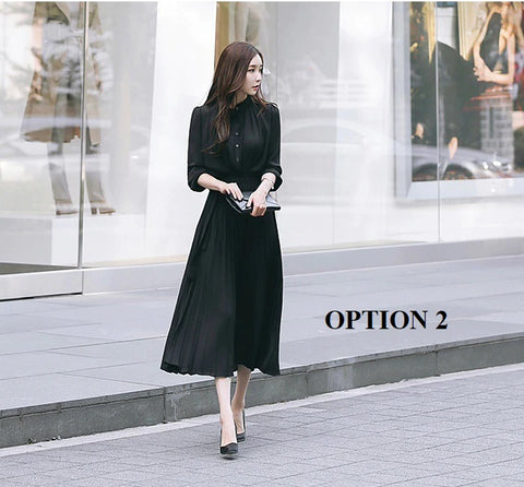 New Collection Stand Collar Elegant Long Sleeve, with Bow Sash, Single Breasted Pleated Long Dress CODE: KAR1195