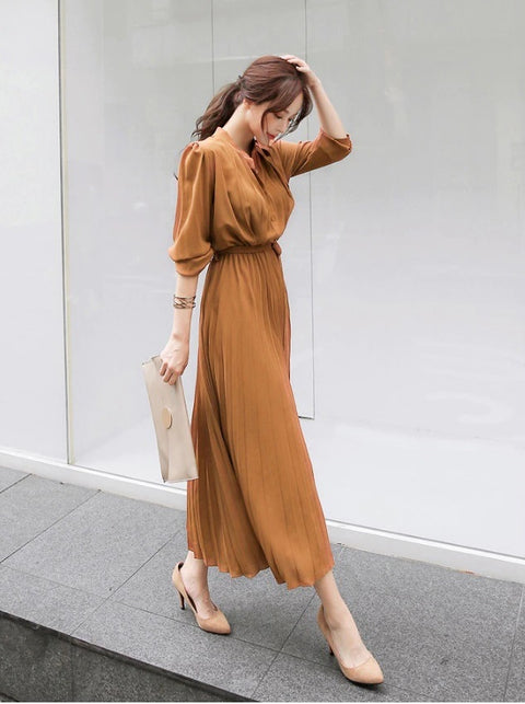 New Collection Stand Collar Elegant Long Sleeve, with Bow Sash, Single Breasted Pleated Long Dress CODE: KAR1195