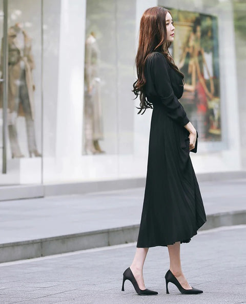 New Collection Stand Collar Elegant Long Sleeve, with Bow Sash, Single Breasted Pleated Long Dress CODE: KAR1195