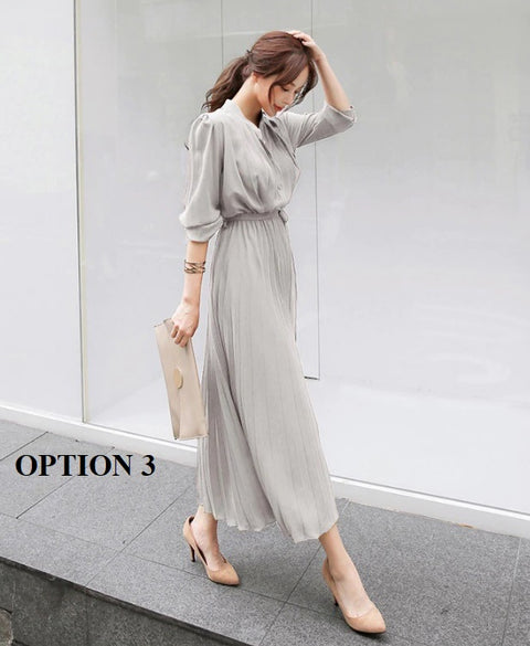 New Collection Stand Collar Elegant Long Sleeve, with Bow Sash, Single Breasted Pleated Long Dress CODE: KAR1195