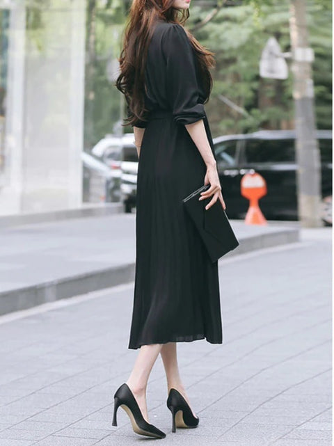 New Collection Stand Collar Elegant Long Sleeve, with Bow Sash, Single Breasted Pleated Long Dress CODE: KAR1195
