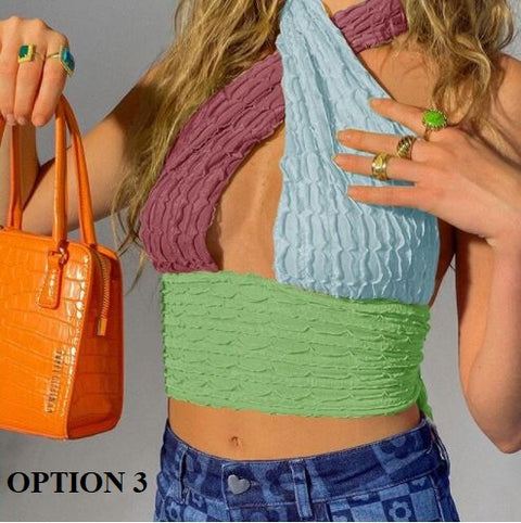 New Patchwork, Openwork, Halter Neck, Sleeveless, Backless, Sexy, Off Shoulder Tank Top CODE: KAR1196