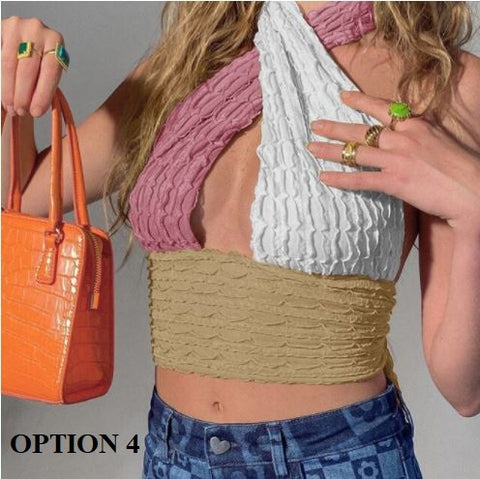 New Patchwork, Openwork, Halter Neck, Sleeveless, Backless, Sexy, Off Shoulder Tank Top CODE: KAR1196