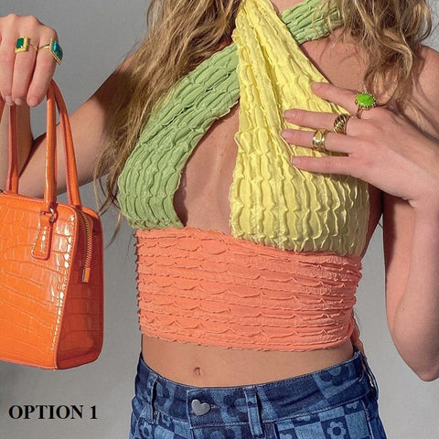 New Patchwork, Openwork, Halter Neck, Sleeveless, Backless, Sexy, Off Shoulder Tank Top CODE: KAR1196