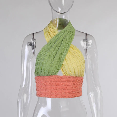New Patchwork, Openwork, Halter Neck, Sleeveless, Backless, Sexy, Off Shoulder Tank Top CODE: KAR1196