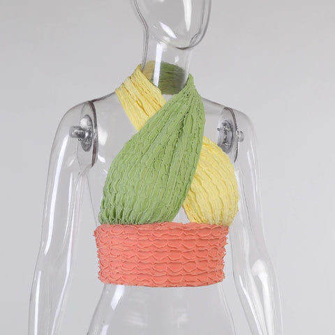 New Patchwork, Openwork, Halter Neck, Sleeveless, Backless, Sexy, Off Shoulder Tank Top CODE: KAR1196