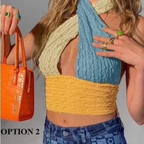 New Patchwork, Openwork, Halter Neck, Sleeveless, Backless, Sexy, Off Shoulder Tank Top CODE: KAR1196