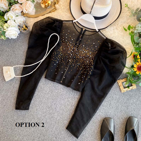 New Sexy Puff Sleeve Round Neck, Short Style, with Rhinestones  Crop Top CODE: KAR1202