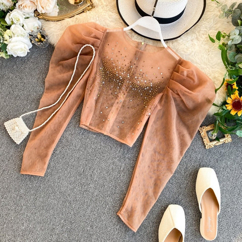 New Sexy Puff Sleeve Round Neck, Short Style, with Rhinestones  Crop Top CODE: KAR1202