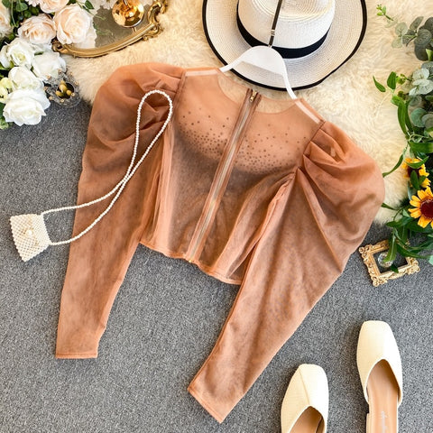 New Sexy Puff Sleeve Round Neck, Short Style, with Rhinestones  Crop Top CODE: KAR1202