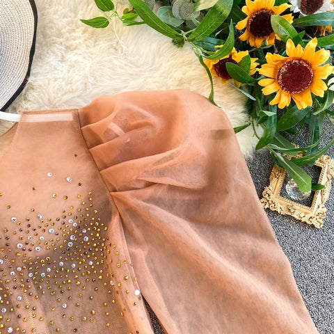 New Sexy Puff Sleeve Round Neck, Short Style, with Rhinestones  Crop Top CODE: KAR1202