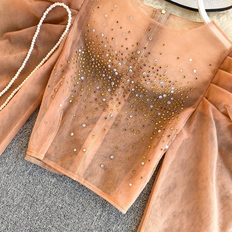 New Sexy Puff Sleeve Round Neck, Short Style, with Rhinestones  Crop Top CODE: KAR1202