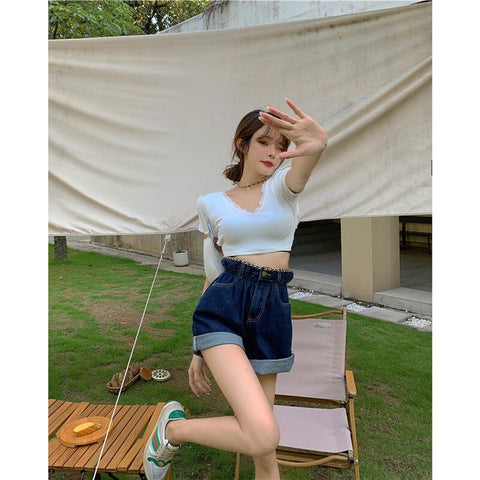 New  Loose, Blue, Fashion, Wide Leg High Waist Short CODE: KAR1205