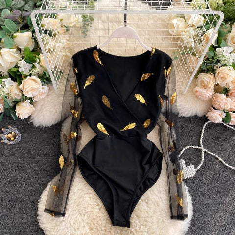 Sexy V-neck ,High Waist, Mesh, Long Sleeve, Slim, Black Jumpsuit CODE: KAR1210