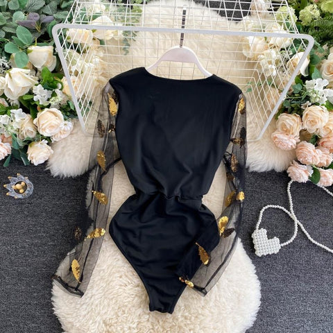 Sexy V-neck ,High Waist, Mesh, Long Sleeve, Slim, Black Jumpsuit CODE: KAR1210