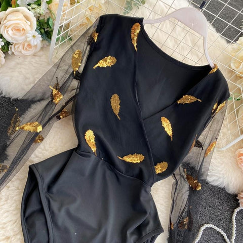 Sexy V-neck ,High Waist, Mesh, Long Sleeve, Slim, Black Jumpsuit CODE: KAR1210