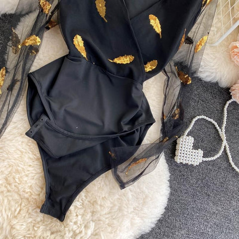 Sexy V-neck ,High Waist, Mesh, Long Sleeve, Slim, Black Jumpsuit CODE: KAR1210
