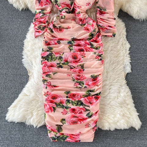 New Bodycon, Sexy, Midi, Club, Party, Square Neck, Puff Sleeves, Stretch Sheath  Floral Draped Midi Dress CODE: KAR1212