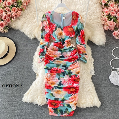New Bodycon, Sexy, Midi, Club, Party, Square Neck, Puff Sleeves, Stretch Sheath  Floral Draped Midi Dress CODE: KAR1212