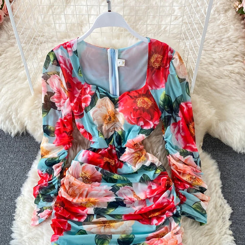 New Bodycon, Sexy, Midi, Club, Party, Square Neck, Puff Sleeves, Stretch Sheath  Floral Draped Midi Dress CODE: KAR1212