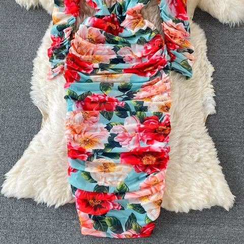 New Bodycon, Sexy, Midi, Club, Party, Square Neck, Puff Sleeves, Stretch Sheath  Floral Draped Midi Dress CODE: KAR1212