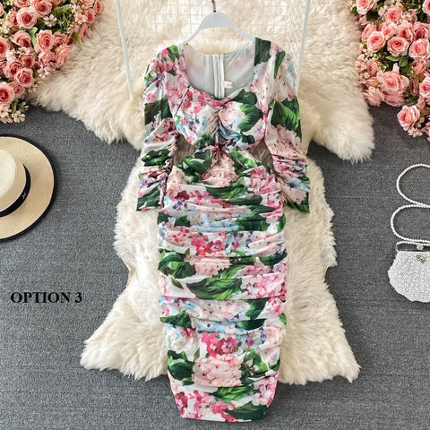 New Bodycon, Sexy, Midi, Club, Party, Square Neck, Puff Sleeves, Stretch Sheath  Floral Draped Midi Dress CODE: KAR1212