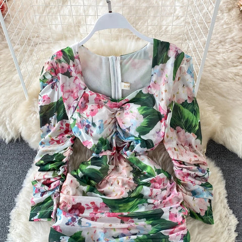 New Bodycon, Sexy, Midi, Club, Party, Square Neck, Puff Sleeves, Stretch Sheath  Floral Draped Midi Dress CODE: KAR1212