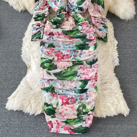 New Bodycon, Sexy, Midi, Club, Party, Square Neck, Puff Sleeves, Stretch Sheath  Floral Draped Midi Dress CODE: KAR1212