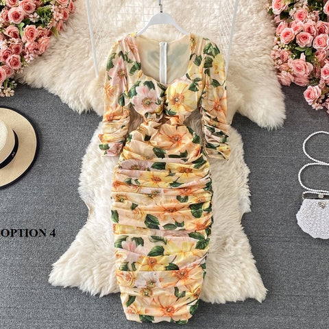 New Bodycon, Sexy, Midi, Club, Party, Square Neck, Puff Sleeves, Stretch Sheath  Floral Draped Midi Dress CODE: KAR1212