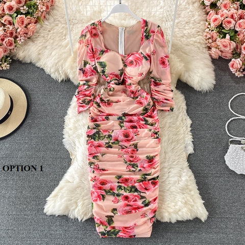 New Bodycon, Sexy, Midi, Club, Party, Square Neck, Puff Sleeves, Stretch Sheath  Floral Draped Midi Dress CODE: KAR1212