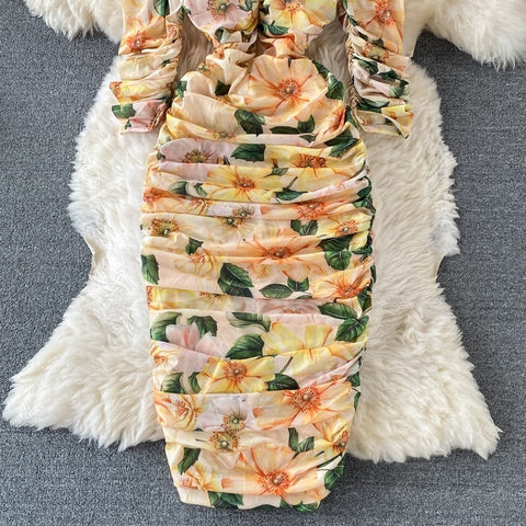 New Bodycon, Sexy, Midi, Club, Party, Square Neck, Puff Sleeves, Stretch Sheath  Floral Draped Midi Dress CODE: KAR1212