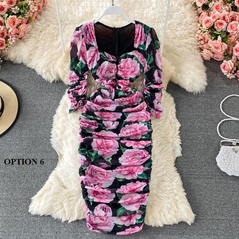 New Bodycon, Sexy, Midi, Club, Party, Square Neck, Puff Sleeves, Stretch Sheath  Floral Draped Midi Dress CODE: KAR1212