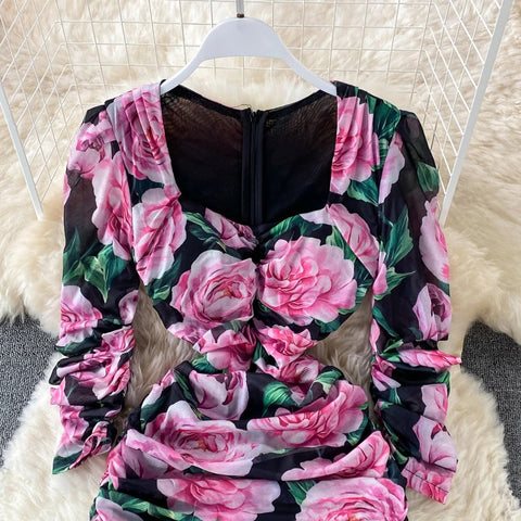 New Bodycon, Sexy, Midi, Club, Party, Square Neck, Puff Sleeves, Stretch Sheath  Floral Draped Midi Dress CODE: KAR1212
