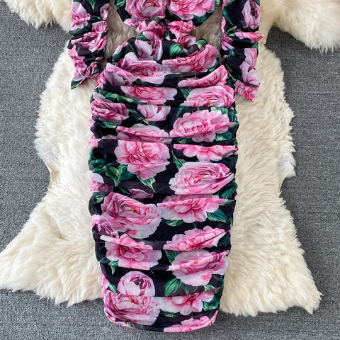 New Bodycon, Sexy, Midi, Club, Party, Square Neck, Puff Sleeves, Stretch Sheath  Floral Draped Midi Dress CODE: KAR1212