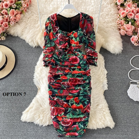 New Bodycon, Sexy, Midi, Club, Party, Square Neck, Puff Sleeves, Stretch Sheath  Floral Draped Midi Dress CODE: KAR1212