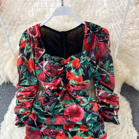 New Bodycon, Sexy, Midi, Club, Party, Square Neck, Puff Sleeves, Stretch Sheath  Floral Draped Midi Dress CODE: KAR1212