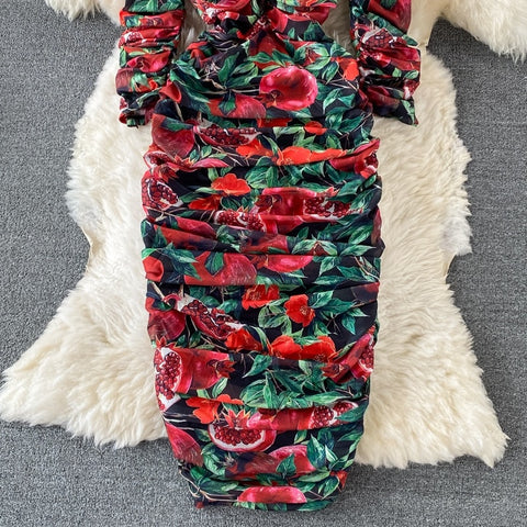 New Bodycon, Sexy, Midi, Club, Party, Square Neck, Puff Sleeves, Stretch Sheath  Floral Draped Midi Dress CODE: KAR1212
