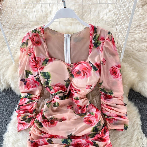New Bodycon, Sexy, Midi, Club, Party, Square Neck, Puff Sleeves, Stretch Sheath  Floral Draped Midi Dress CODE: KAR1212