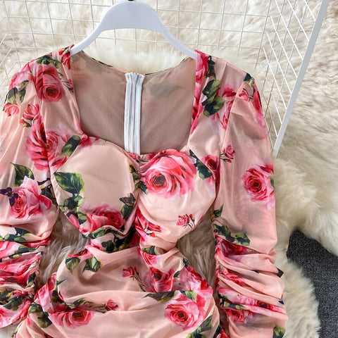 New Bodycon, Sexy, Midi, Club, Party, Square Neck, Puff Sleeves, Stretch Sheath  Floral Draped Midi Dress CODE: KAR1212
